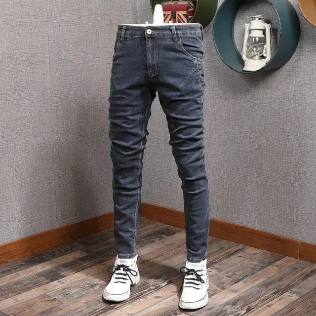 Newly Designer Fashion Men Jeans Retro Blue Gray Slim Fit Elastic Casual Denim Pencil Pants Korean Style Streetwear Trousers