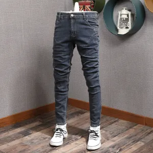 Newly Designer Fashion Men Jeans Retro Blue Gray Slim Fit Elastic Casual Denim Pencil Pants Korean Style Streetwear Trousers