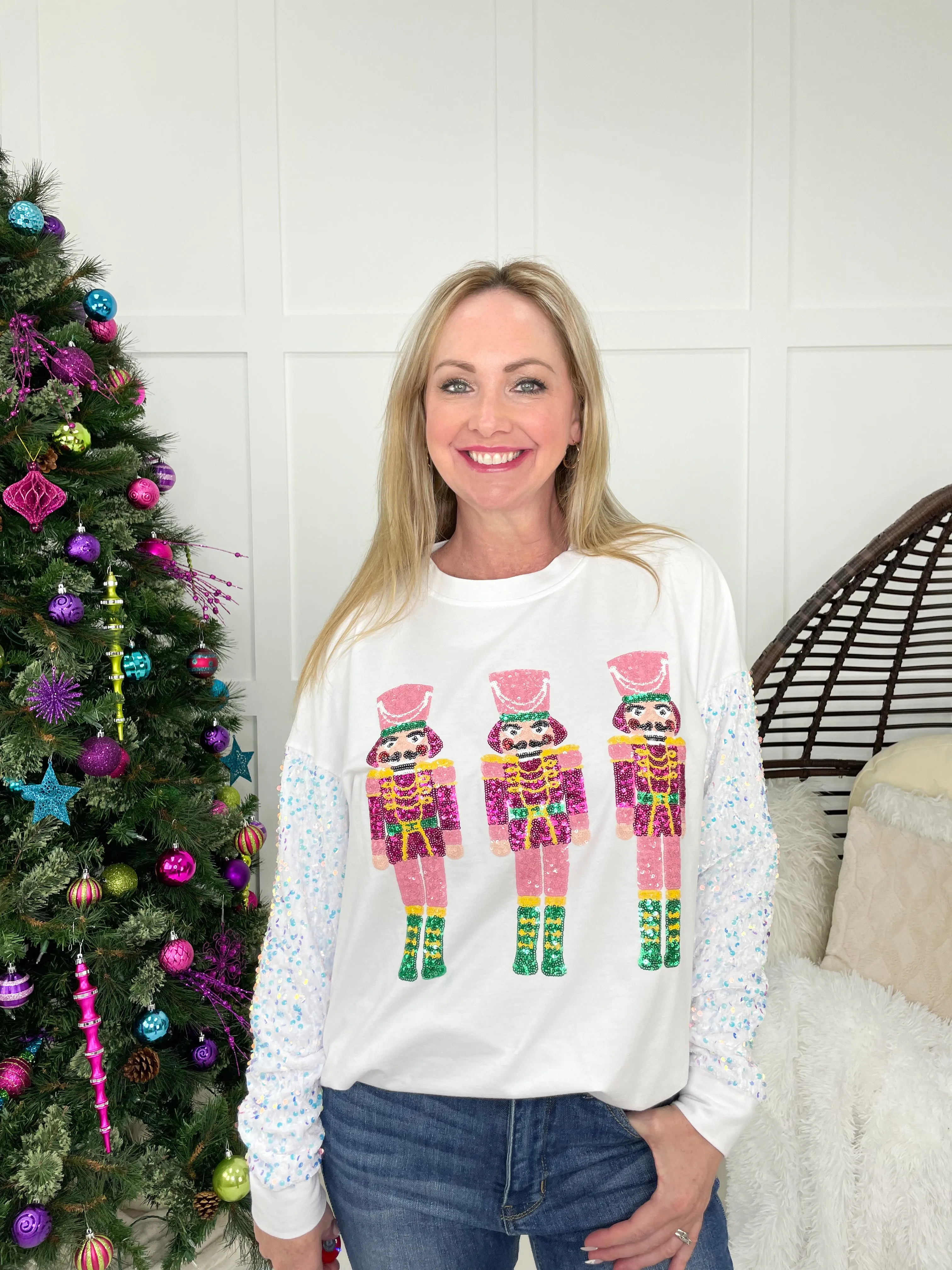 Nutcrackers with White Sequin Sleeve Sweatshirt