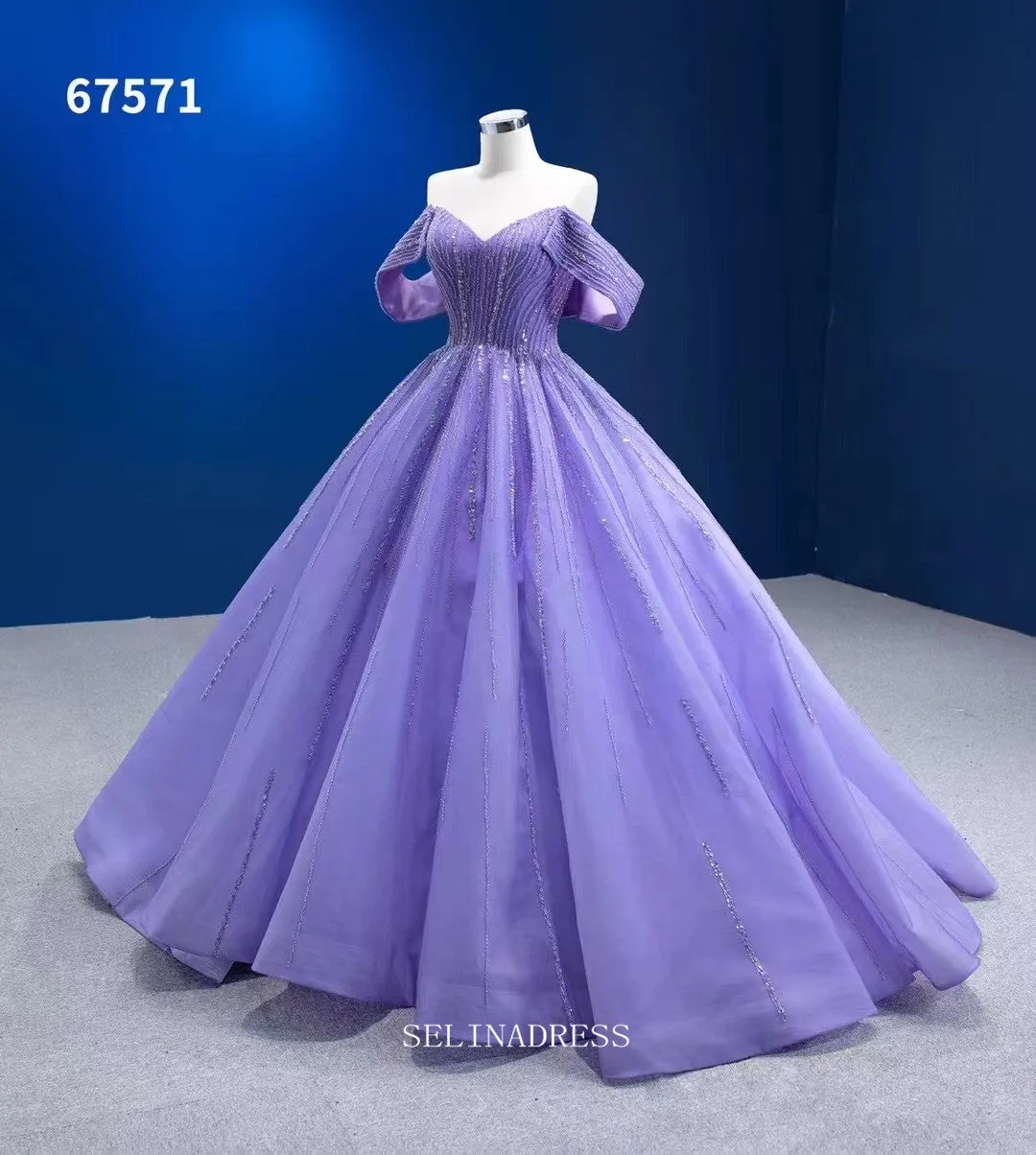 Off Shoulder Lavender Prom Dress Ball Gown Beaded Pageant Dress Evening Dress RSM67571