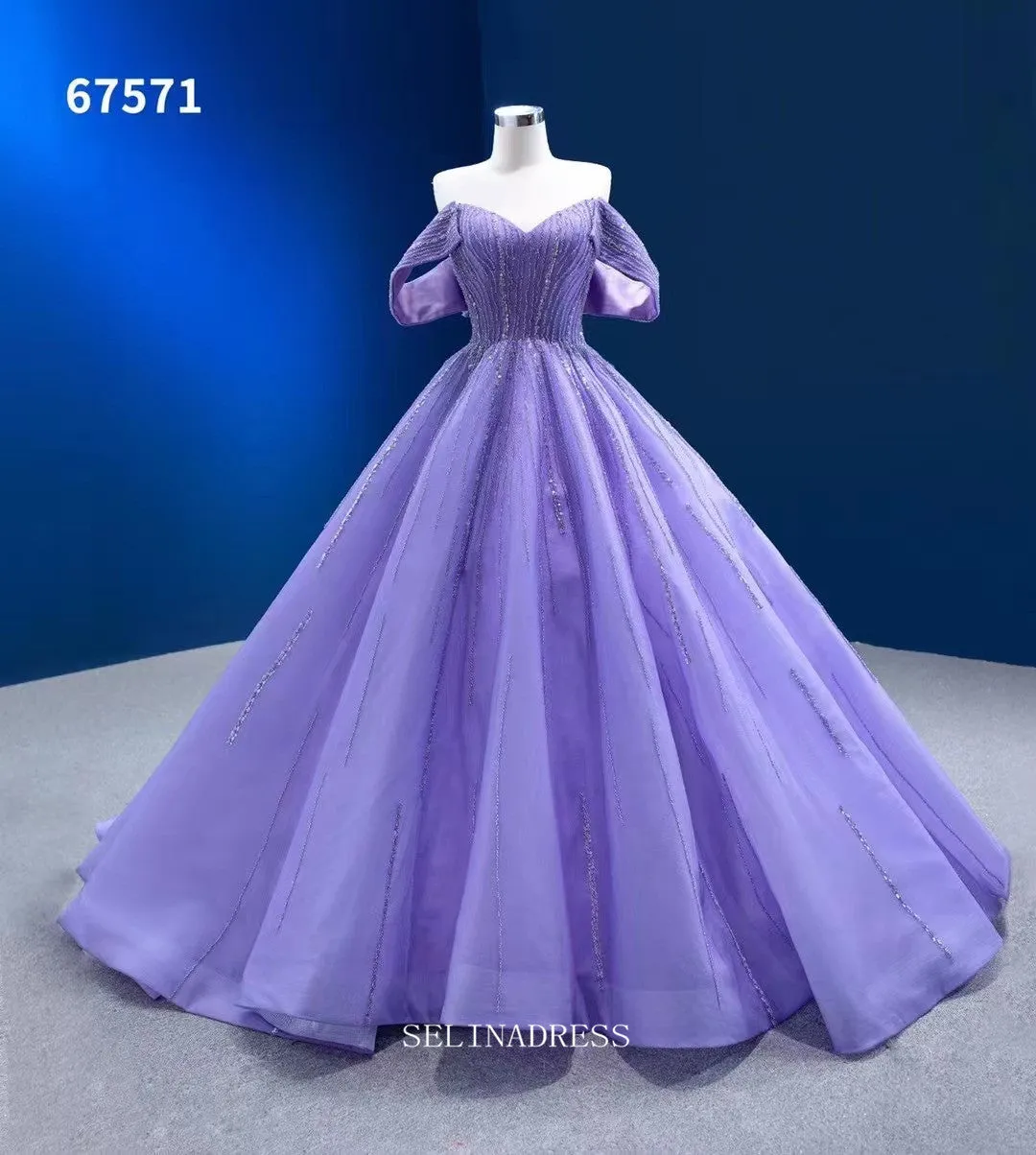 Off Shoulder Lavender Prom Dress Ball Gown Beaded Pageant Dress Evening Dress RSM67571