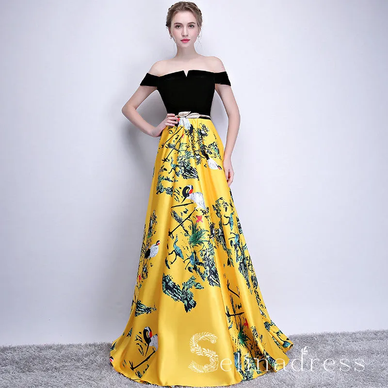 Off-the-shoulder Prom Dress Yellow Print Floral Satin Long Prom Dresses Evening Dress  SED101