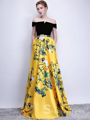 Off-the-shoulder Prom Dress Yellow Print Floral Satin Long Prom Dresses Evening Dress  SED101