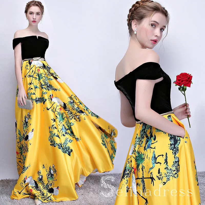 Off-the-shoulder Prom Dress Yellow Print Floral Satin Long Prom Dresses Evening Dress  SED101