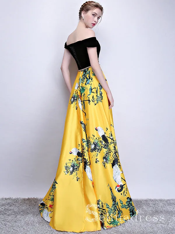 Off-the-shoulder Prom Dress Yellow Print Floral Satin Long Prom Dresses Evening Dress  SED101