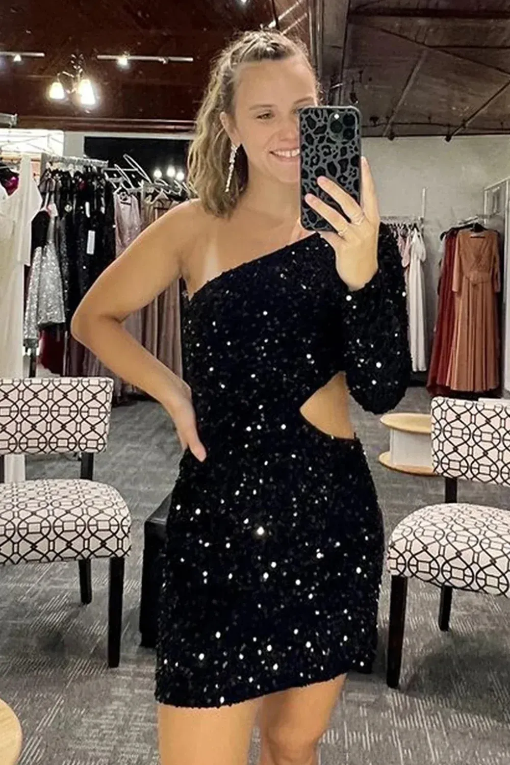 One Shoulder Long Sleeve Regency Short Prom Dress Sparkly Sequins Homecoming Dresses Cocktail Dresses #TKL090