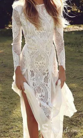 Open Back Sheath/Column Rustic Lace Wedding Dress Boho Long Sleeve Wedding Gowns SEW002