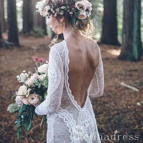 Open Back Sheath/Column Rustic Lace Wedding Dress Boho Long Sleeve Wedding Gowns SEW002