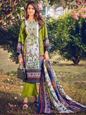 Pakistani Print Green Unstitched Embroidered Women Cotton Suit Material