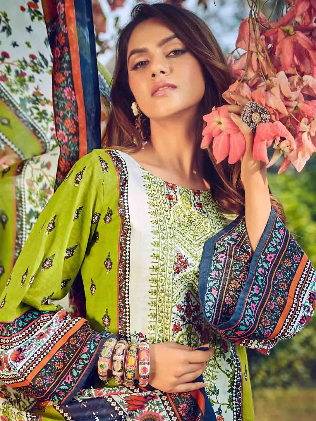 Pakistani Print Green Unstitched Embroidered Women Cotton Suit Material