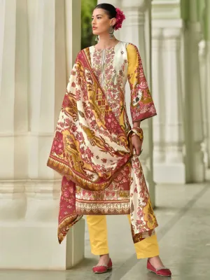 Pakistani Print Yellow Unstitched Pure Cotton Suit Material with Embroidery