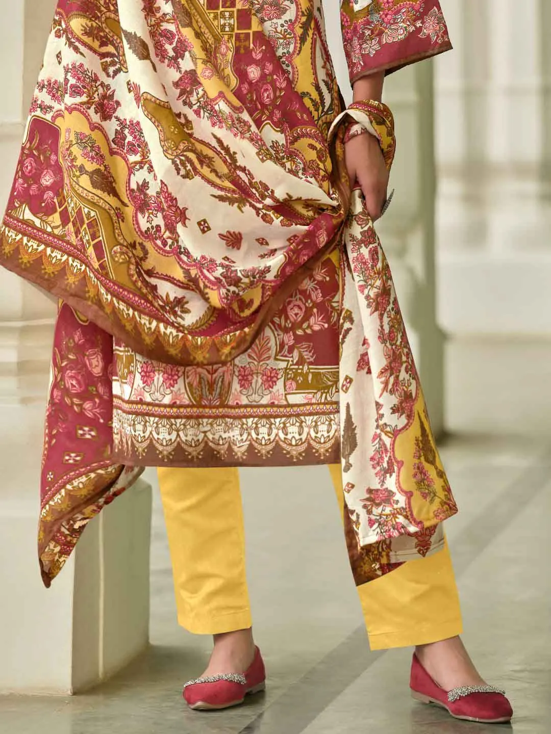 Pakistani Print Yellow Unstitched Pure Cotton Suit Material with Embroidery