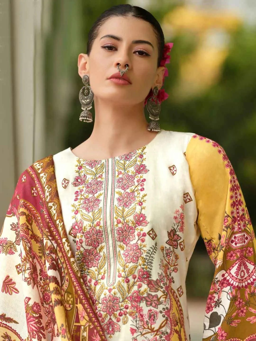 Pakistani Print Yellow Unstitched Pure Cotton Suit Material with Embroidery