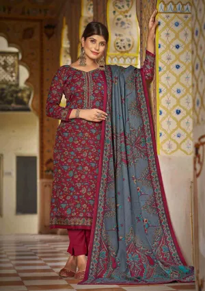 Pashmina Spun Unstitched Wine Winter Salwar Suits Set