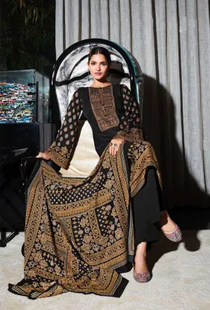 Pashmina Unstitched Black Winter Suits Set with Neck Embroidery