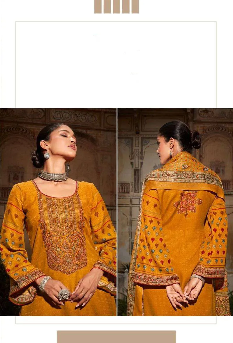 Pashmina Unstitched Mustard Winter Wear Suits With Embroidery