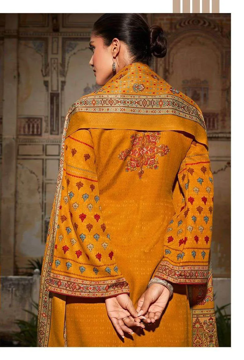 Pashmina Unstitched Mustard Winter Wear Suits With Embroidery