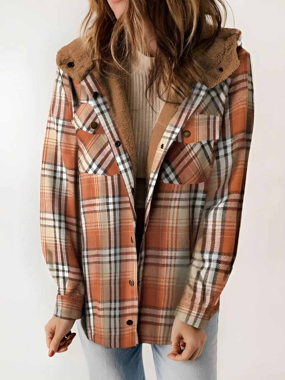 Plaid Fleece Lined Button Up Jacket