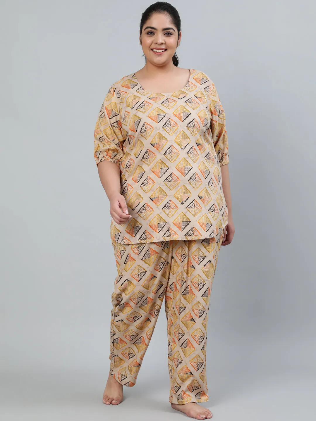 Plus Size Women Beige Printed Night Suit With Half Sleeves