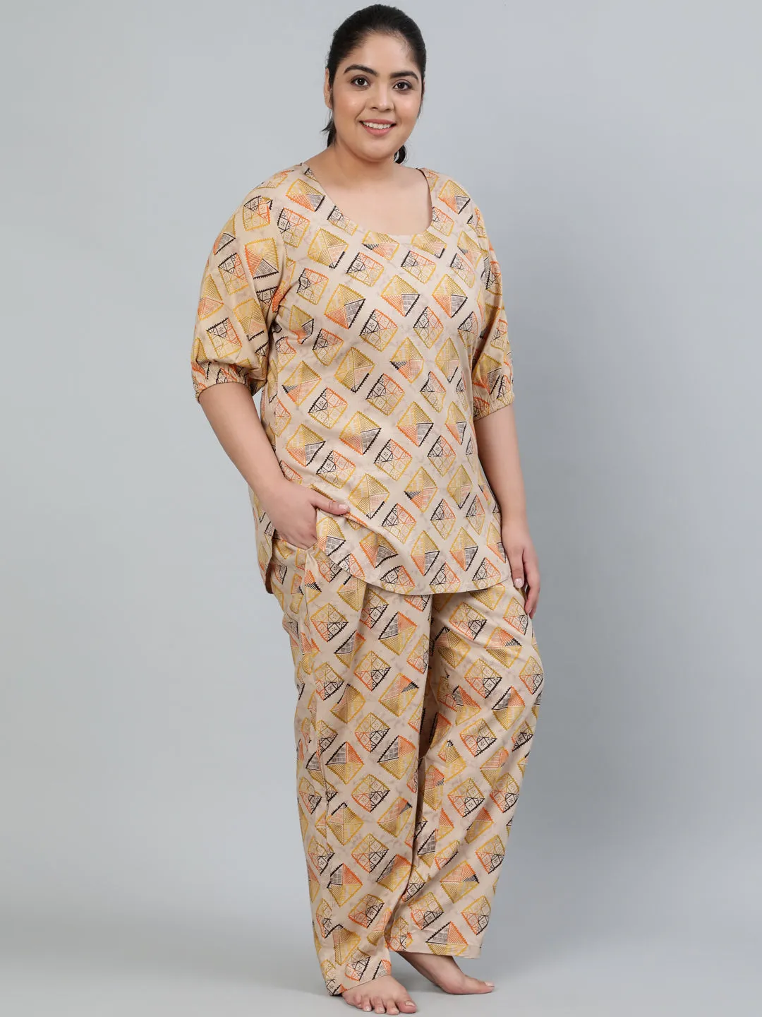 Plus Size Women Beige Printed Night Suit With Half Sleeves