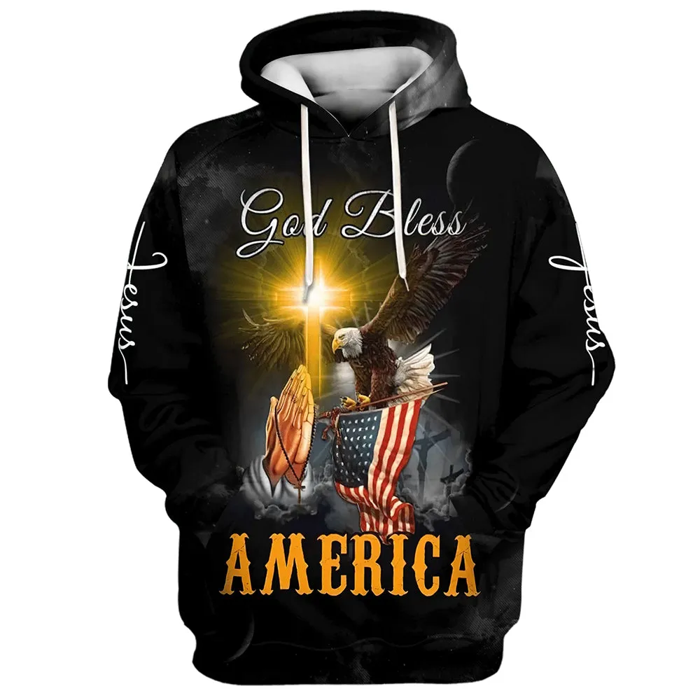 Praying Hand Eagle US Flag Christ Cross God Bless America 3D Hoodies Men & Women Christian Hoodie 3D Printed Hoodie