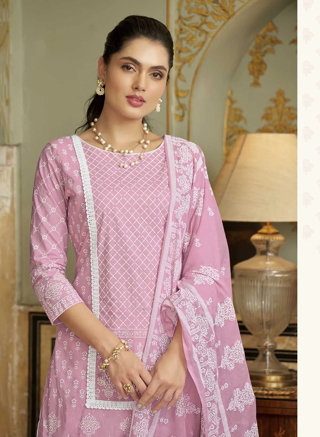 Pure Cambric Cotton Unstitched Salwar Suit with Lace Work