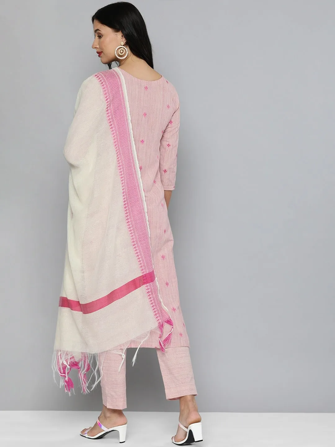 Pure Cotton Handloom Unstitched Pink Ethnic Salwar Suit Material