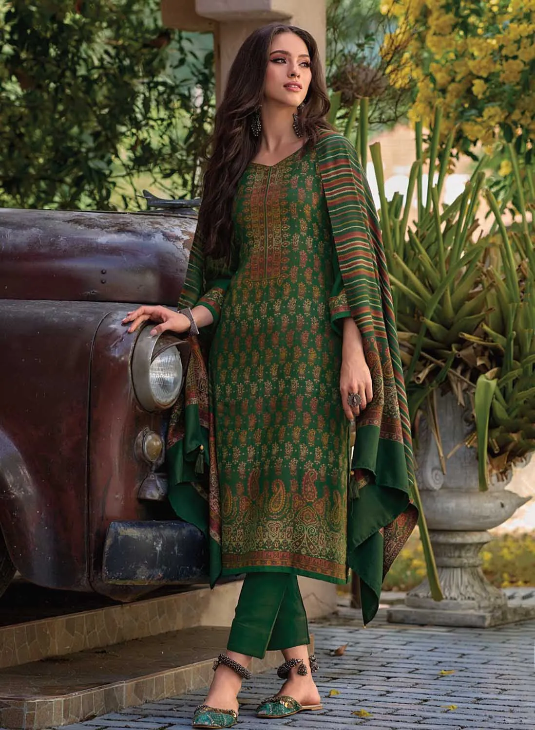 Pure Handloom Unstitched Green Pashmina Winter Suits Set for Women