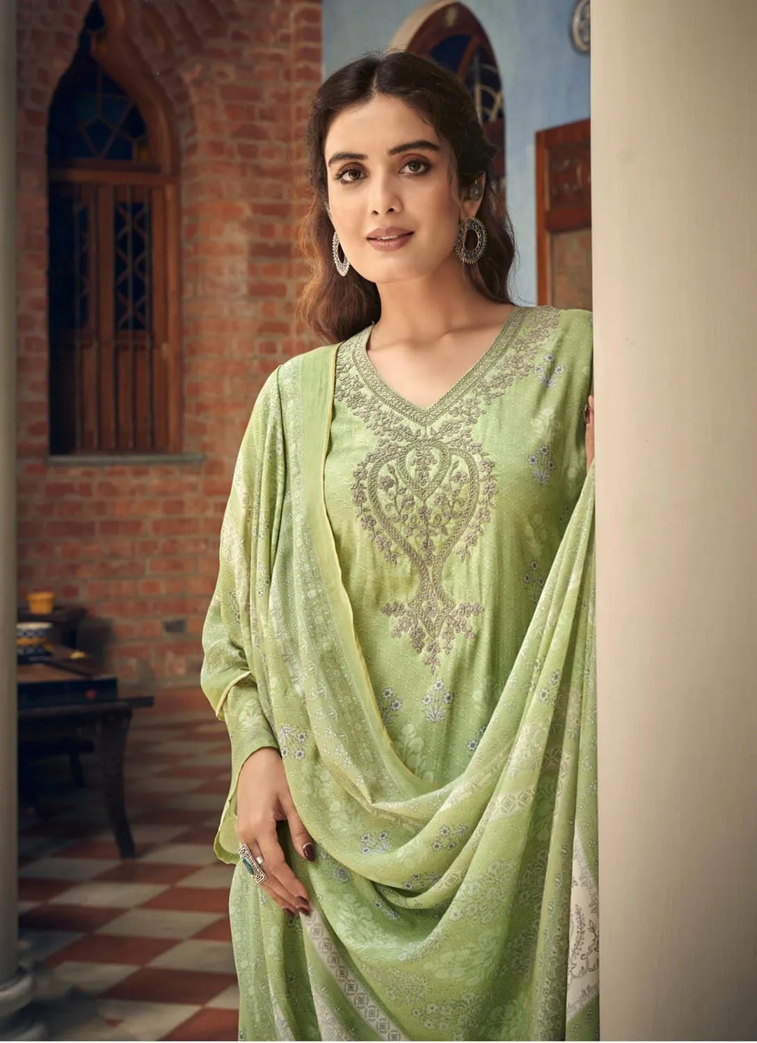 Pure Muslin Party Wear Unstitched Green Suit Dress Material for Women