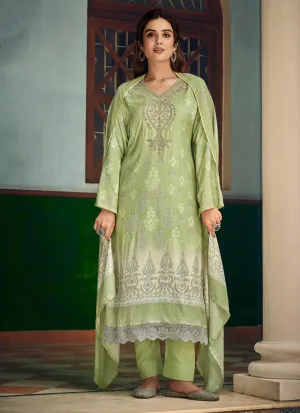 Pure Muslin Party Wear Unstitched Green Suit Dress Material for Women