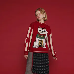 Retro Lucky Cat Red Cotton Christmas Sweater