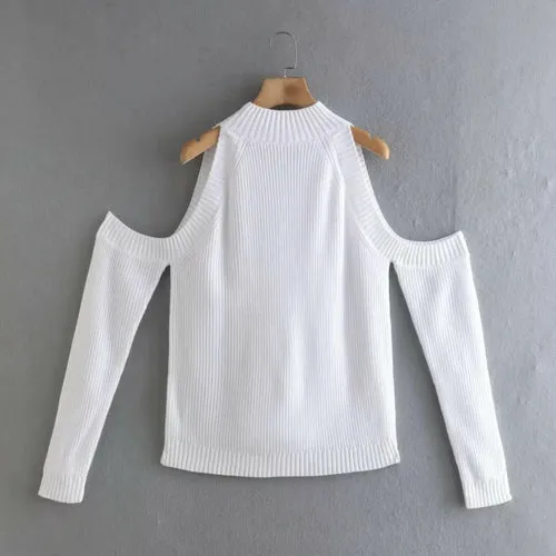 Sexy Cold Shoulder White Turtleneck Knitted Long Sleeve Pullover