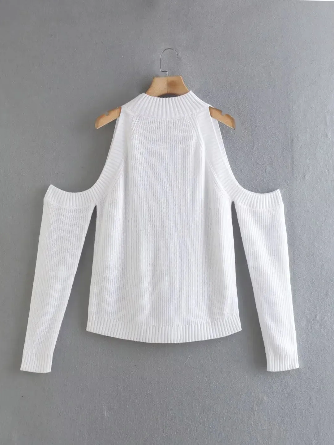 Sexy Cold Shoulder White Turtleneck Knitted Long Sleeve Pullover