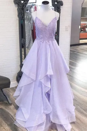 Shiny V Neck Purple Lace Long Prom Dresses Purple Lace Formal Evening Dresses Purple Ball Gown