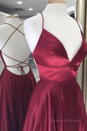 Simple A Line V Neck Backless Burgundy Long Prom Dresses Backless Burgundy Formal Graduation Evening Dresses