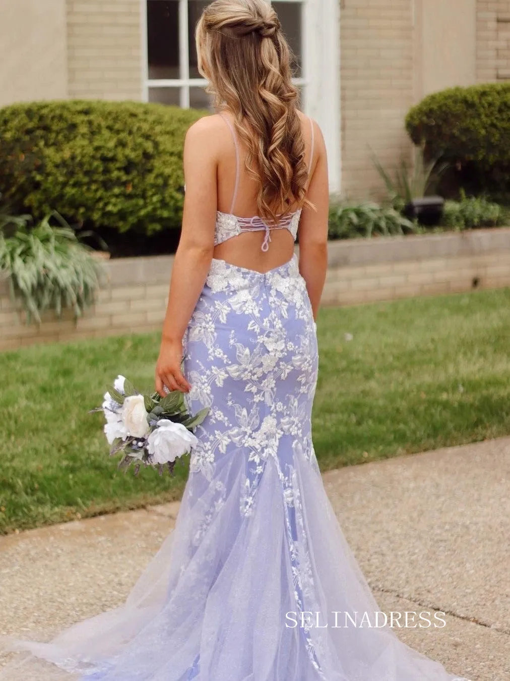 Spaghetti Straps Mermaid Prom Dress Lavender Long Evening Dresses SEA037