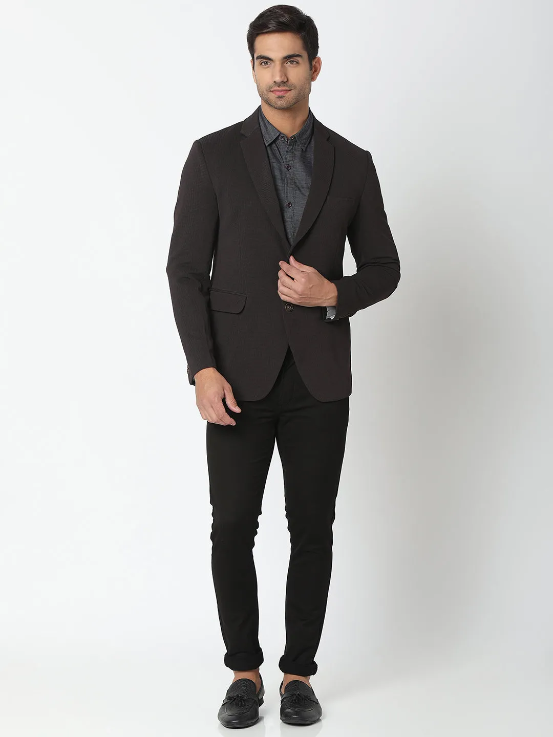 Spykar Men Black Cotton Slim Fit Blazer