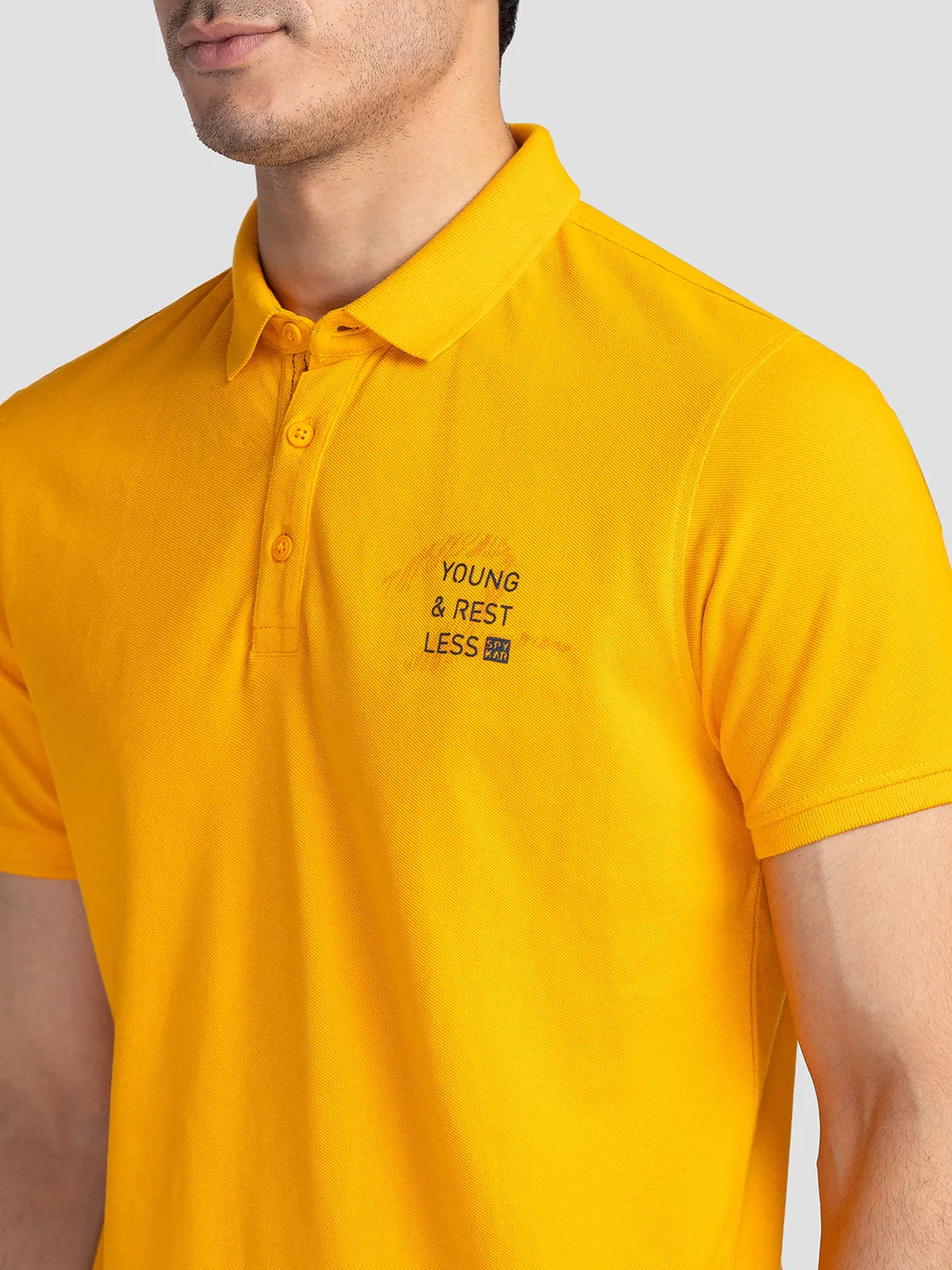 Spykar Men Chrome Yellow Cotton Slim Fit Polo Plain T-Shirt