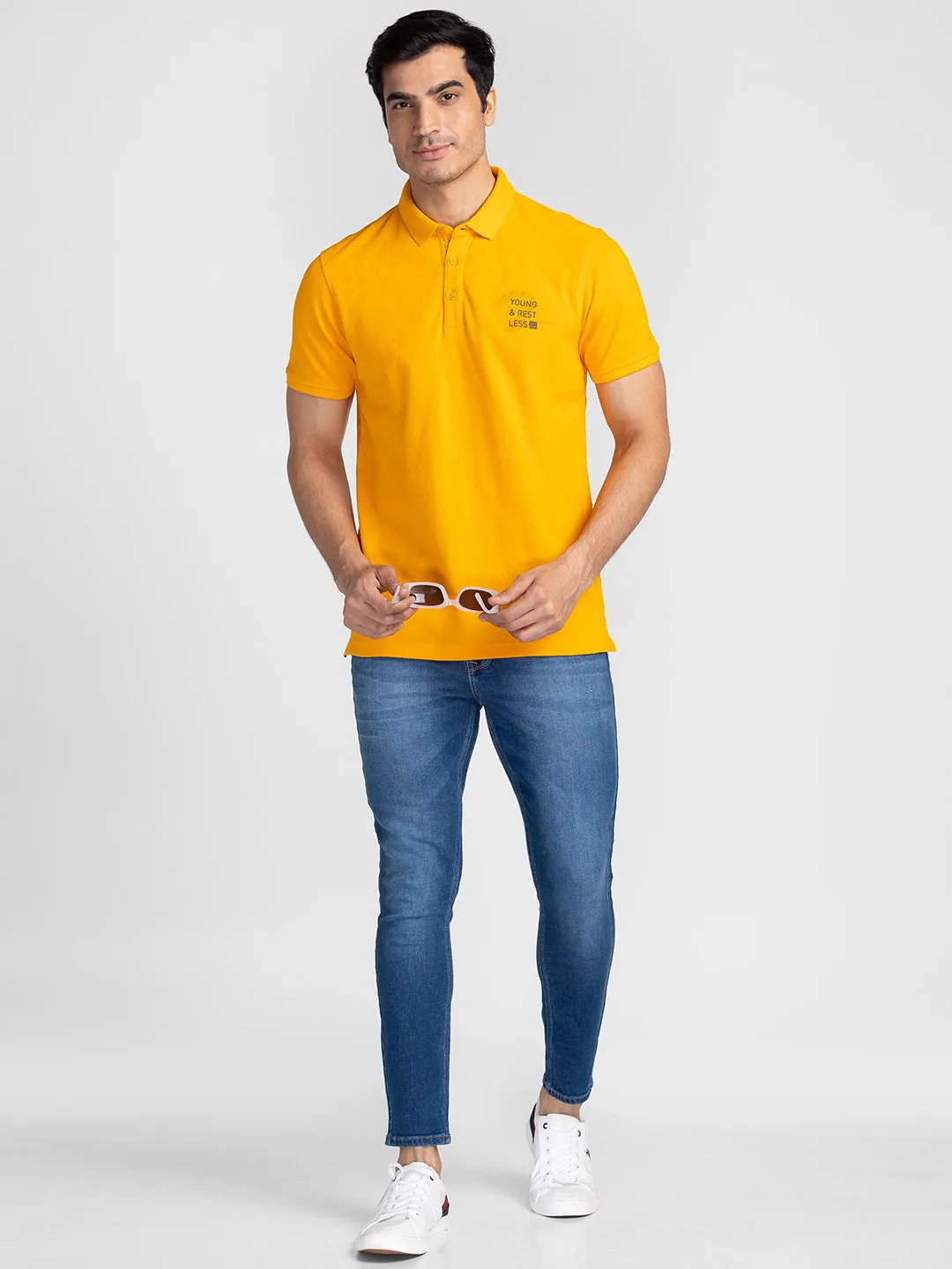 Spykar Men Chrome Yellow Cotton Slim Fit Polo Plain T-Shirt