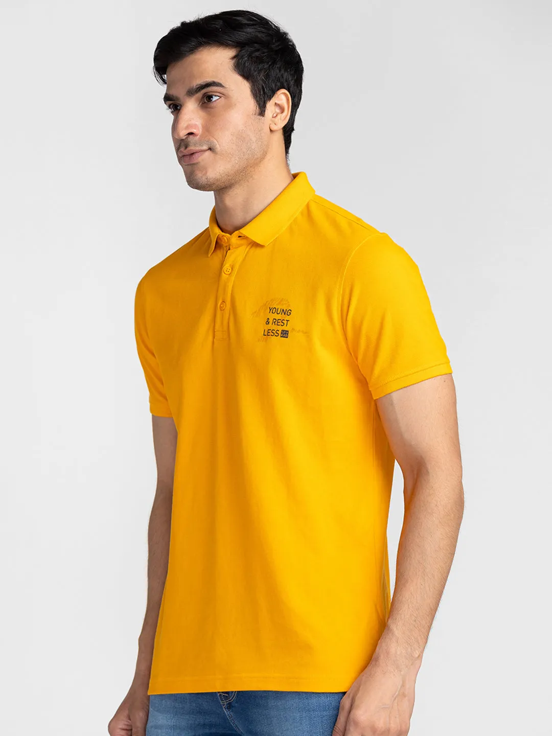 Spykar Men Chrome Yellow Cotton Slim Fit Polo Plain T-Shirt