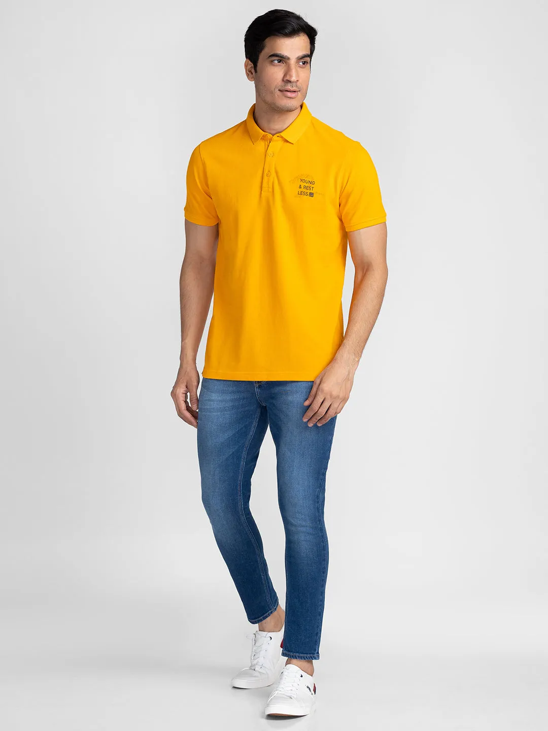 Spykar Men Chrome Yellow Cotton Slim Fit Polo Plain T-Shirt