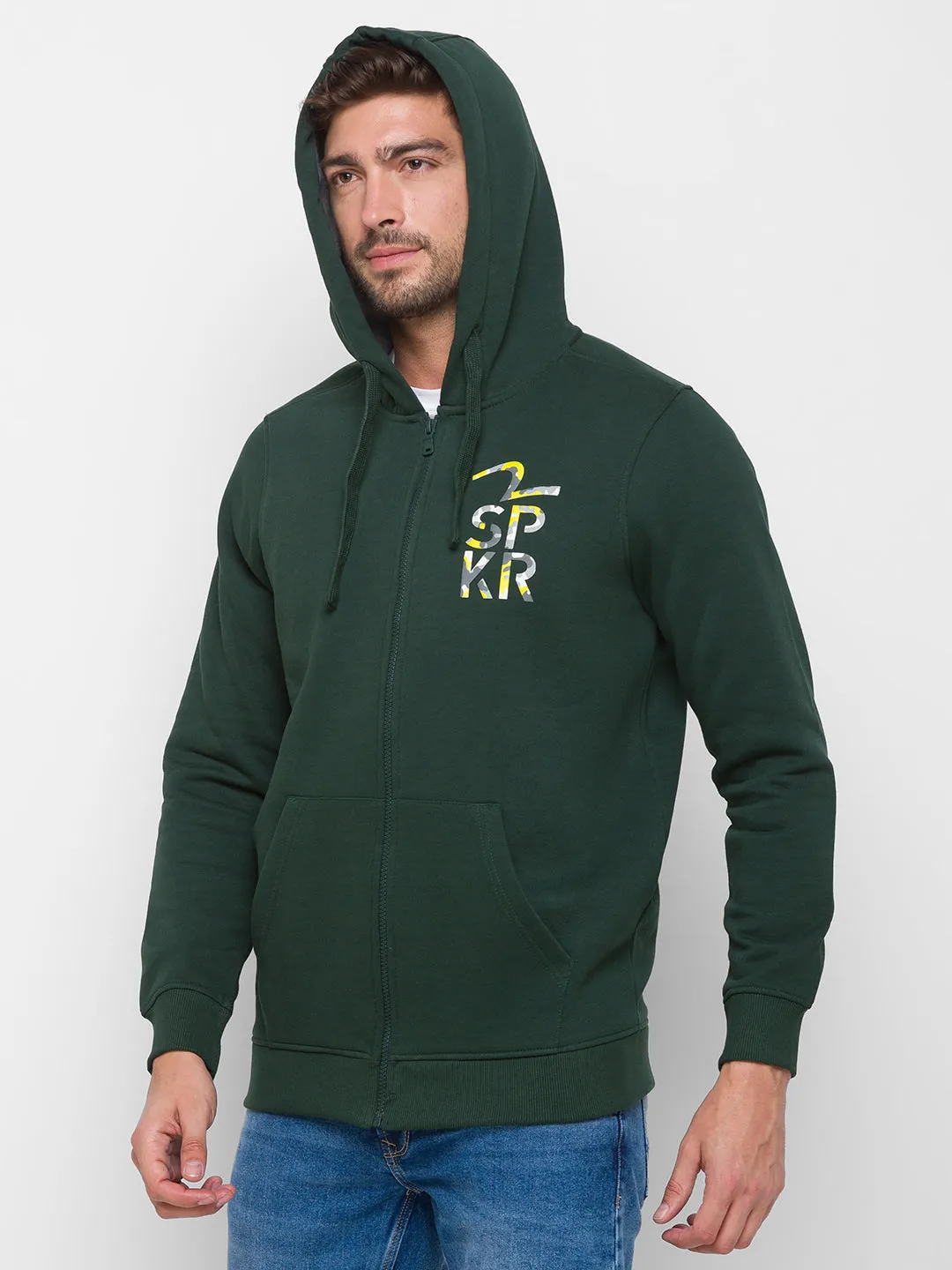 Spykar Men Green Cotton Full Sleeve Hooded Sweatshirt