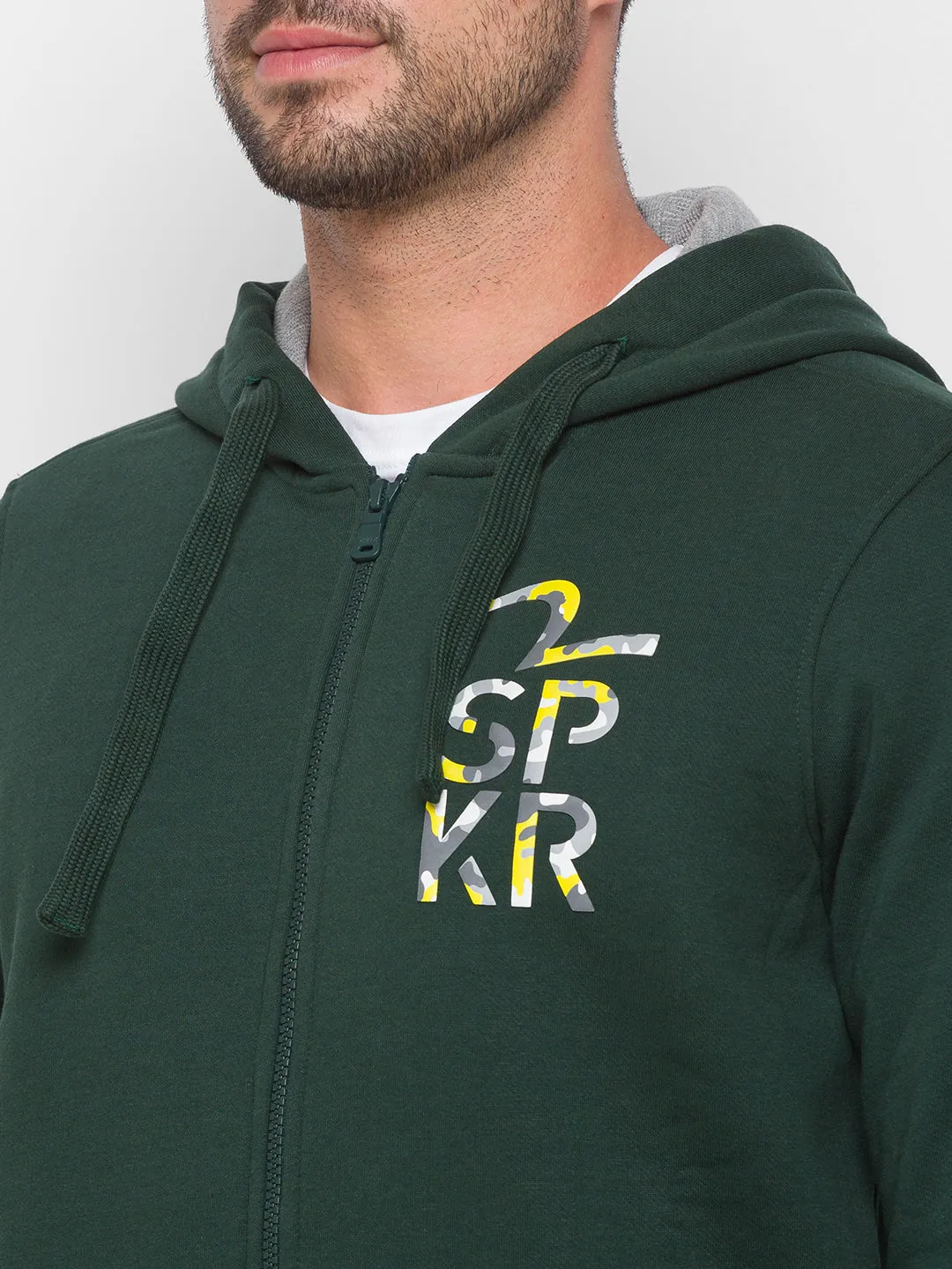 Spykar Men Green Cotton Full Sleeve Hooded Sweatshirt