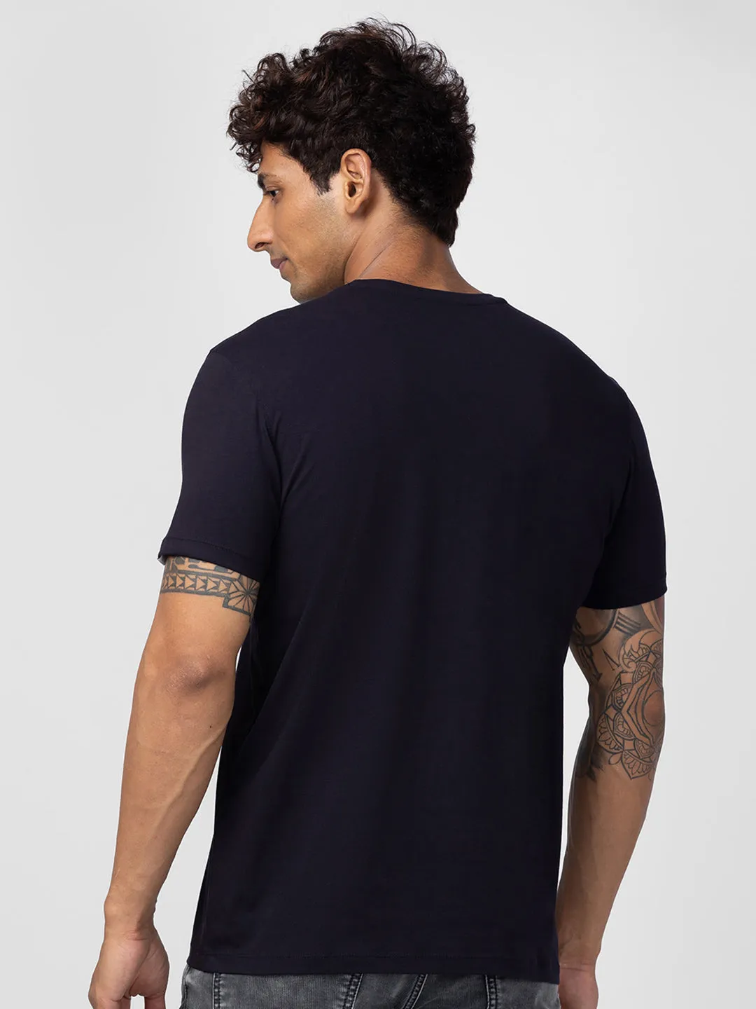 Spykar Men Navy Blue Cotton Regular Fit Half Sleeve Printed T-Shirt