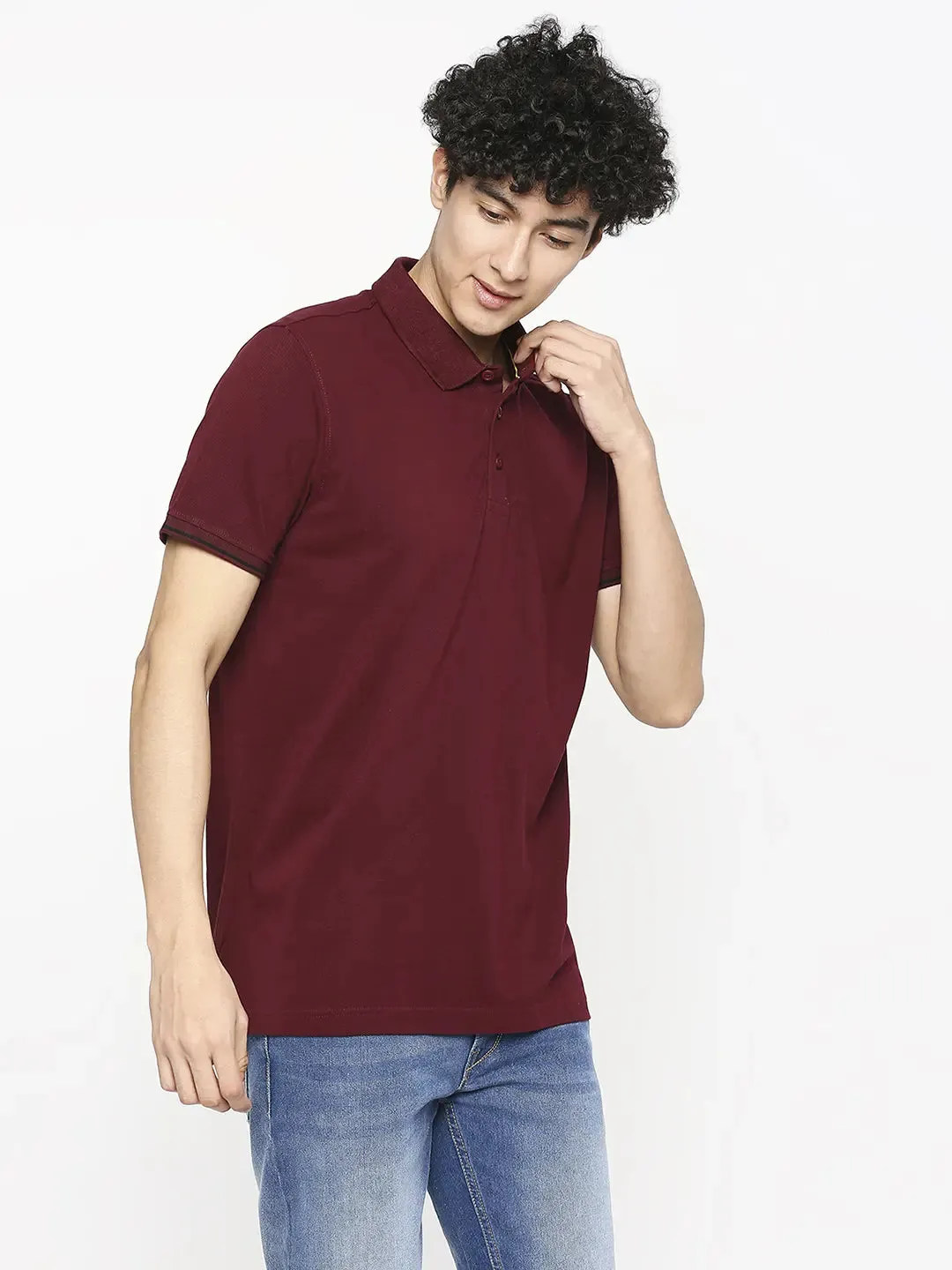 Spykar Men Wine Cotton Slim Fit Plain Polo Neck Tshirt