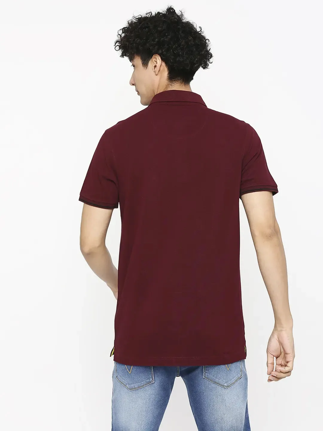 Spykar Men Wine Cotton Slim Fit Plain Polo Neck Tshirt