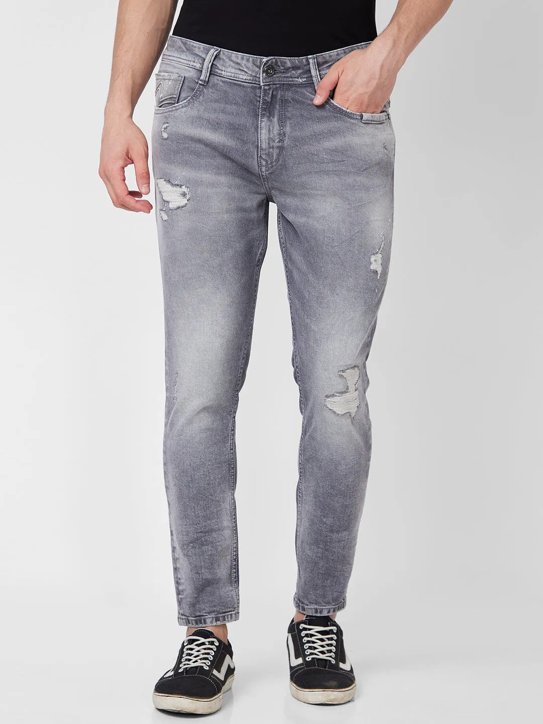 Spykar Mid Rise Tapered Fit Grey Jeans For Men