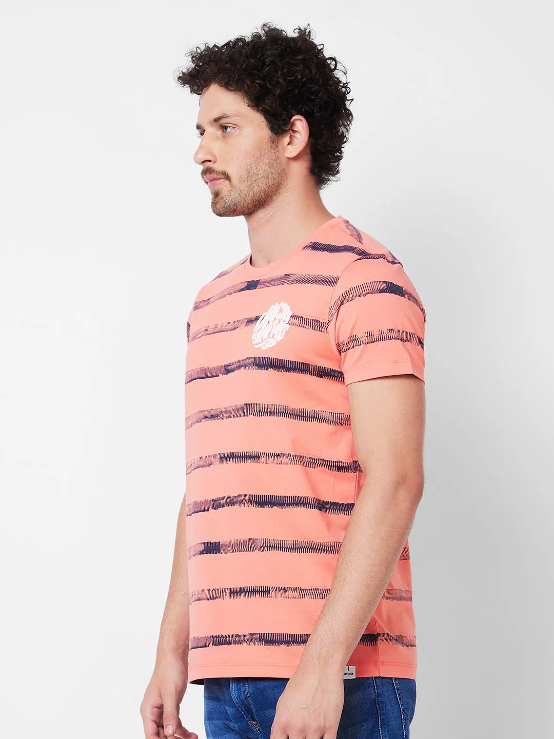 Spykar Round Neck Half Sleeves Peach T-Shirt  For Men