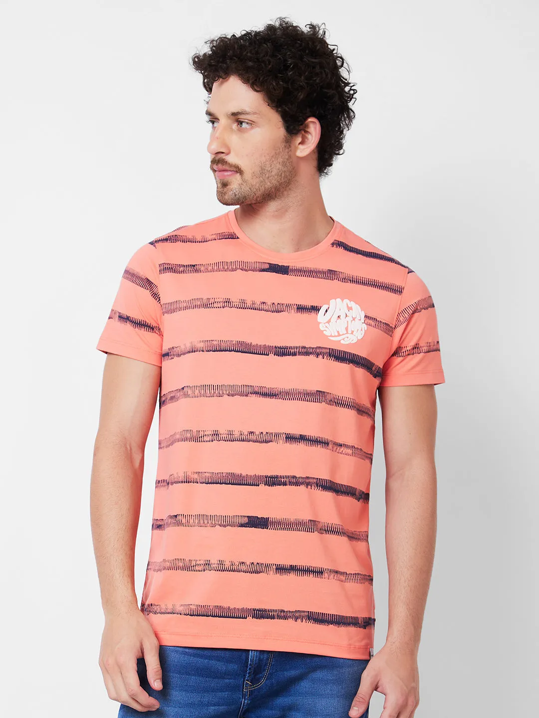 Spykar Round Neck Half Sleeves Peach T-Shirt  For Men