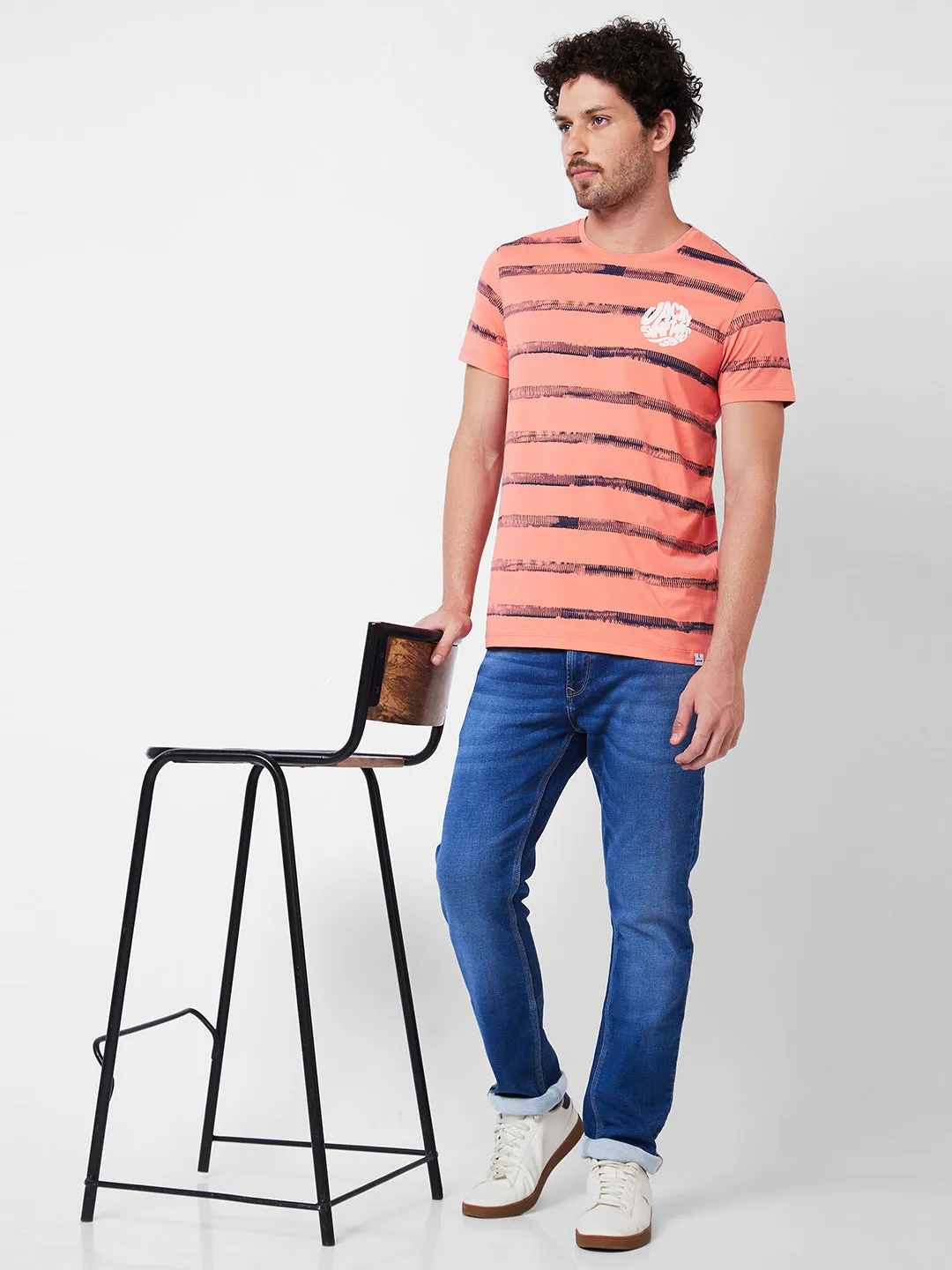 Spykar Round Neck Half Sleeves Peach T-Shirt  For Men